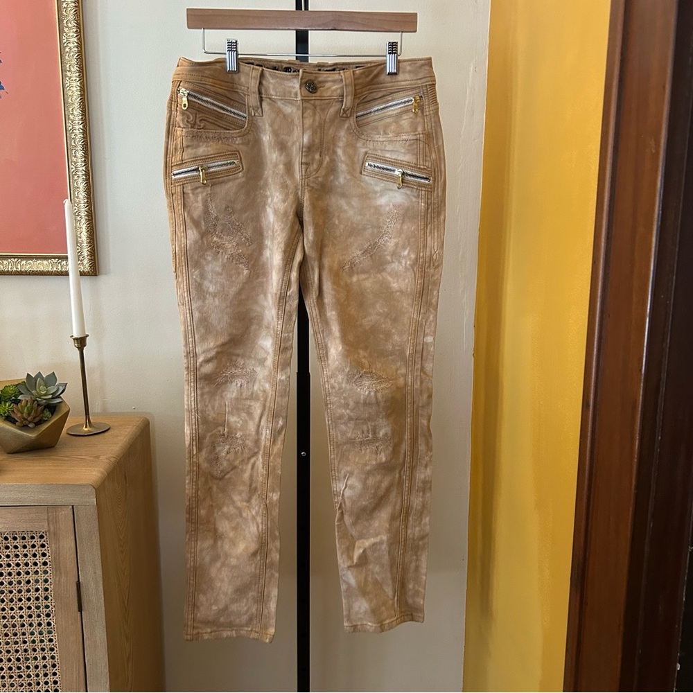 Rock Revival Moto Cladelle Skinny Jeans Stretch Distressed Tan Size 30 (US 10)